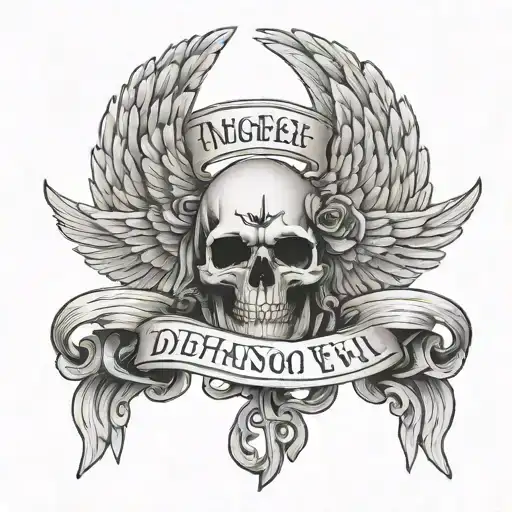 Greek style angel wings with death over dishonor and I will fear no evil written with a dove and cross  tattoo design idea