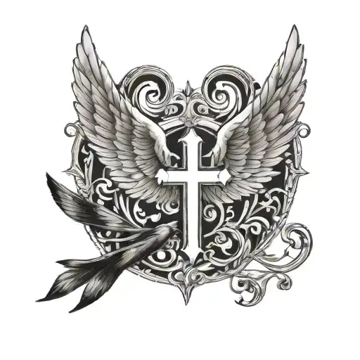 Greek style angel wings  and I will fear no evil written with a dove and cross  tattoo design idea