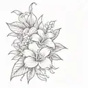 A sketch style tattoo of a bouquet of flowers with Stitch peeking out from behind them, representing your favorite things and love for Lilo and Stitch tattoo design idea