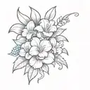 A sketch style tattoo of a bouquet of flowers with Stitch peeking out from behind them, representing your favorite things and love for Lilo and Stitch tattoo design idea