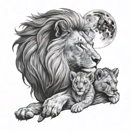 moon and sun on top, Male Lion with two cubs  tattoo design idea