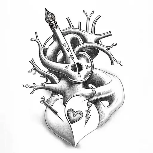 realistic heart with dagger through it, Names: Rohnen and Aria written underneath in gothic italics,  tattoo design idea