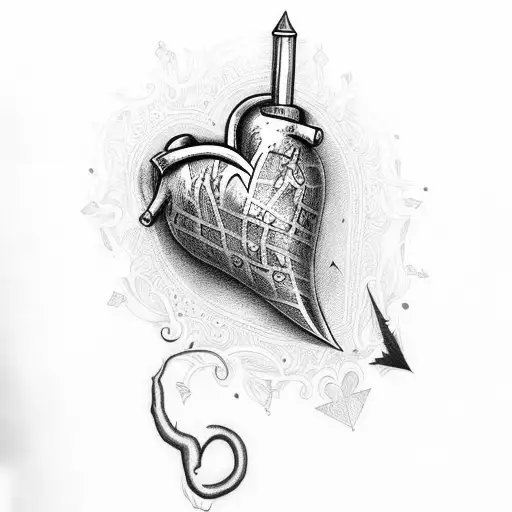 realistic heart with dagger through it, Names: Rohnen and Aria written underneath in gothic italics,  tattoo design idea