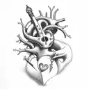 realistic heart with dagger through it, Names: Rohnen and Aria written underneath in gothic italics,  tattoo design idea