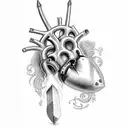 realistic heart with dagger through it, Names: Rohnen and Aria written underneath in gothic italics,  tattoo design idea