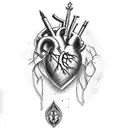 realistic heart with dagger through it, Names: Rohnen and Aria written underneath in gothic italics,  tattoo design idea
