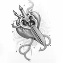 realistic heart with dagger through it, Names: Rohnen and Aria written underneath in gothic italics,  tattoo design idea