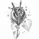 realistic heart with dagger through it, Names: Rohnen and Aria written underneath in gothic italics,  tattoo design idea