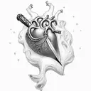 realistic heart with dagger through it, Names: Rohnen and Aria written underneath in gothic italics,  tattoo design idea
