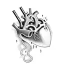 realistic heart with dagger through it, Names: Rohnen and Aria written underneath in gothic italics,  tattoo design idea
