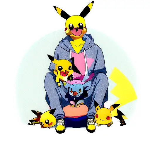 Pikachu wearing stitch hoodie sitting down  tattoo design idea