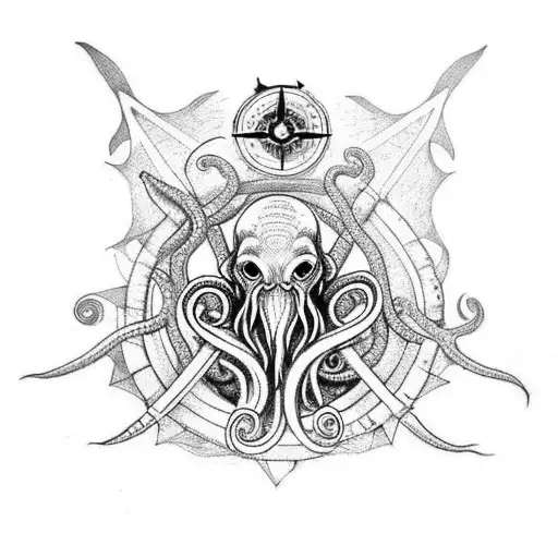 cthulhu image with tentacles, ship, sextant, spyglass, compass tattoo design idea