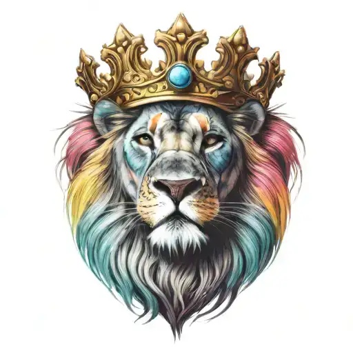 colorful lion wearing a crown tattoo design idea