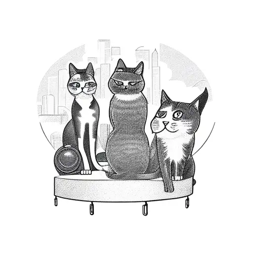 2 cats and a dog on a rooftop with city in background tattoo design idea