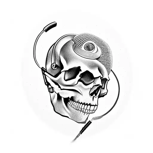 A skull wearing headphones with a barber razor as a microphone tattoo design idea