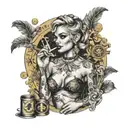 A tattoo design featuring a badass female figure with a cigarette in hand, surrounded by symbols of wealth like gold coins and diamonds, representing your love for a bad bitch lifestyle and money tattoo design idea