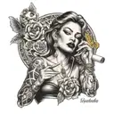 A tattoo design featuring a badass female figure with a cigarette in hand, surrounded by symbols of wealth like gold coins and diamonds, representing your love for a bad bitch lifestyle and money tattoo design idea