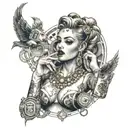 A tattoo design featuring a badass female figure with a cigarette in hand, surrounded by symbols of wealth like gold coins and diamonds, representing your love for a bad bitch lifestyle and money tattoo design idea