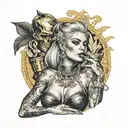 A tattoo design featuring a badass female figure with a cigarette in hand, surrounded by symbols of wealth like gold coins and diamonds, representing your love for a bad bitch lifestyle and money tattoo design idea