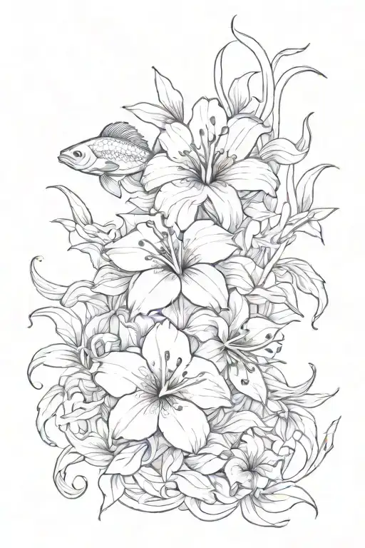 hibiscuses and lillie and coi fish tattoo design idea