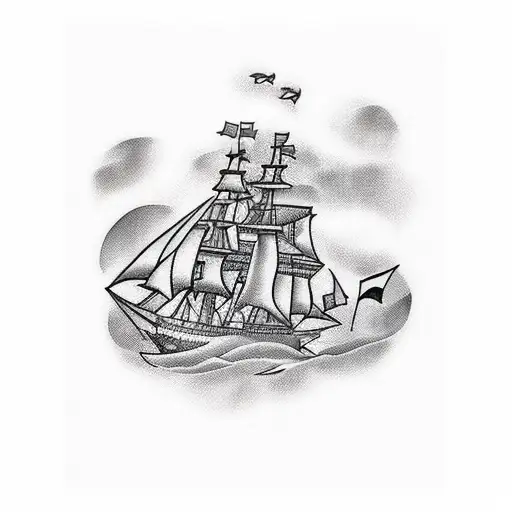 An intricate blackwork tattoo of a ship sailing through a sea filled with sharks and dolphins tattoo design idea