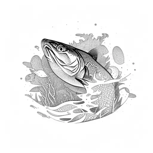 trout with a river and woodland mountains tattoo design idea