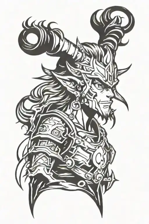 An anime-inspired tattoo of a warrior with devil horns and a hairstyle that resembles flames tattoo design idea