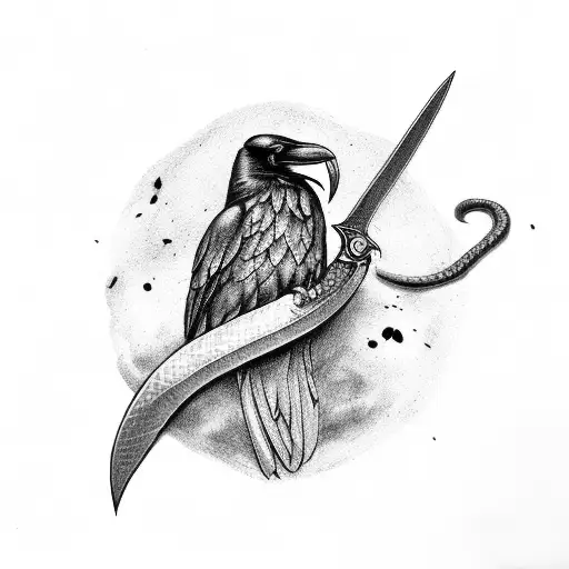 raven eats snake on sword with skull tattoo design idea