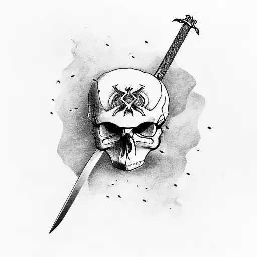 Raven forest skull sword tattoo design idea