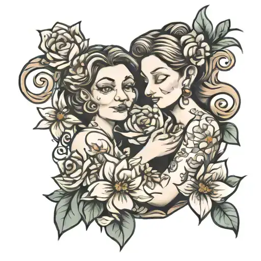 mom and dauguter hugging flower   tattoo design idea