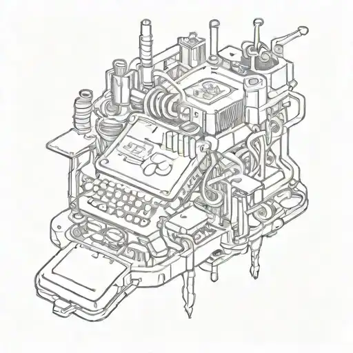 A sketch style tattoo of a computer motherboard with a "hello world" message inside tattoo design idea
