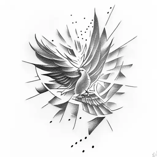 An abstract representation of a drill bit transforming into a bird in flight tattoo design idea