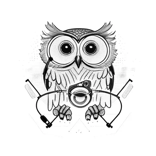An owl wearing a headset and DJing on a turntable with sport equipment scattered around tattoo design idea