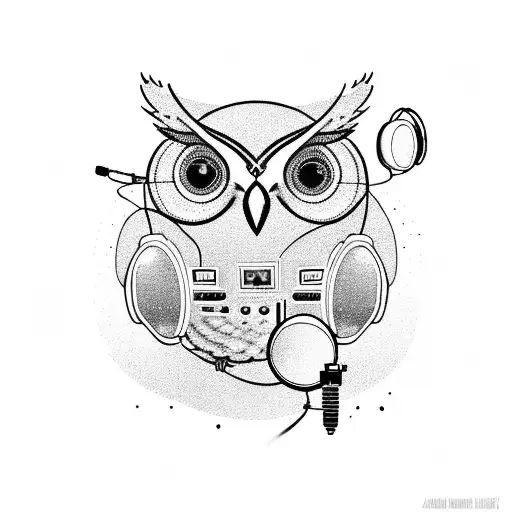 An owl wearing a headset and DJing on a turntable with sport equipment scattered around tattoo design idea