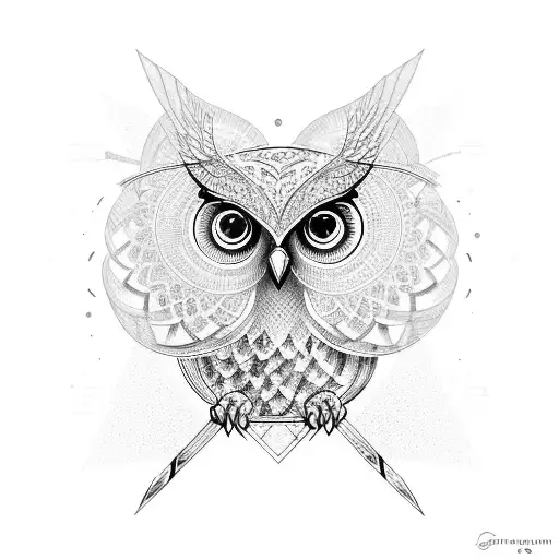 An owl perched on a music staff with intricate geometric patterns in the background tattoo design idea