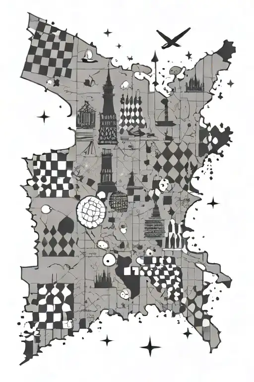 A world map made up of basketball courts, snowboard slopes, and chess boards with golf flags marking different countries tattoo design idea