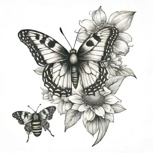butterfly and honey bee on flower blooming tattoo design idea