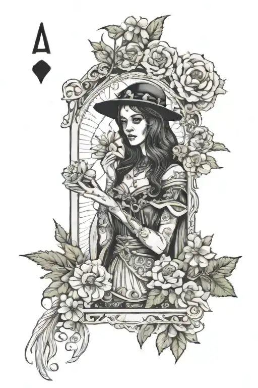 female magician tarot card design featuring elements and flowers  tattoo design idea