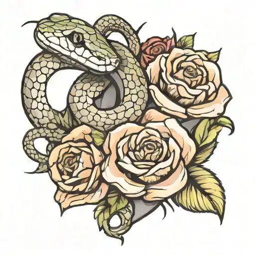 snake roses with a heart shaped locket tattoo design idea