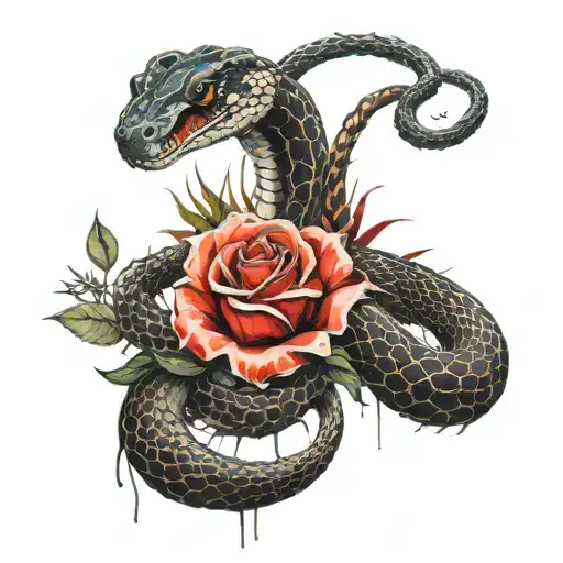 Snake, cobra, aggressive, the cobra's body is a rose with thorns, a rose flower is combined with the cobra's head, on the forearm, neutral background tattoo design idea