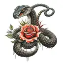 Snake, cobra, aggressive, the cobra's body is a rose with thorns, a rose flower is combined with the cobra's head, on the forearm, neutral background tattoo design idea