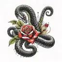Snake, cobra, aggressive, the cobra's body is a rose with thorns, a rose flower is combined with the cobra's head, on the forearm, neutral background tattoo design idea