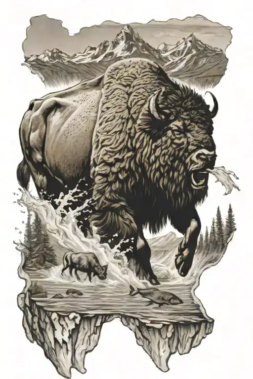 grand teton mountains bison river flowing trout jumping  tattoo design idea