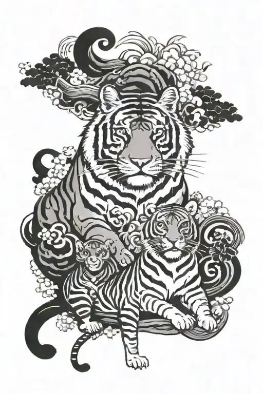 A black ink illustration of the Tiger, Rabbit, Dog, and Monkey of the Chinese zodiac in Japanese traditional style. They tattoo design idea