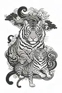 A black ink illustration of the Tiger, Rabbit, Dog, and Monkey of the Chinese zodiac in Japanese traditional style. They tattoo design idea
