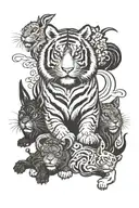 A black ink illustration of the Tiger, Rabbit, Dog, and Monkey of the Chinese zodiac in Japanese traditional style. They tattoo design idea