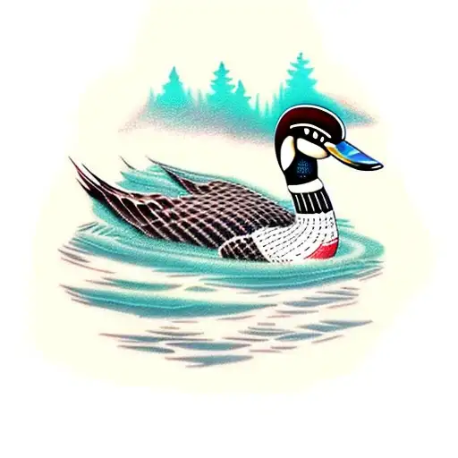 loons, lake, pine tree tattoo design idea