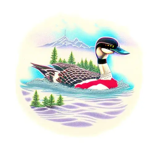 loons, lake, pine tree tattoo design idea