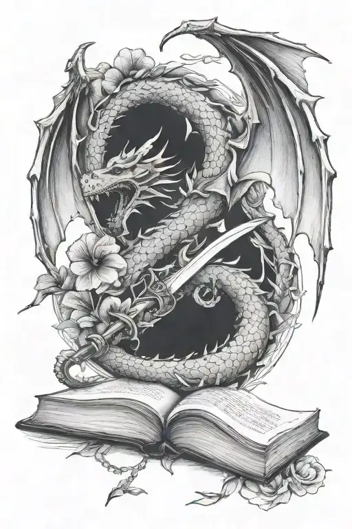 Dragon, sword,book, hibiscus flower tattoo design idea