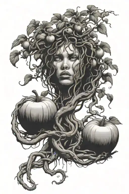 realistic Medusa by a tall apple tree with two rotten apples on the ground tattoo design idea